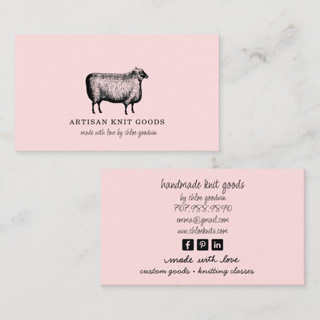 Illustrated Sheep Knitting Pink Business Visitenkarte (Vorne/Hinten)