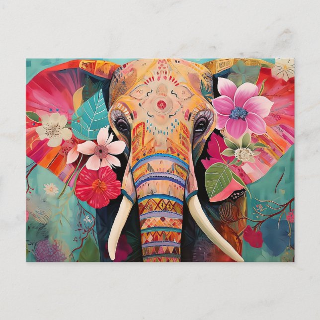 Illustration bunter Elefant mit Blumen Postkarte (Vorderseite)