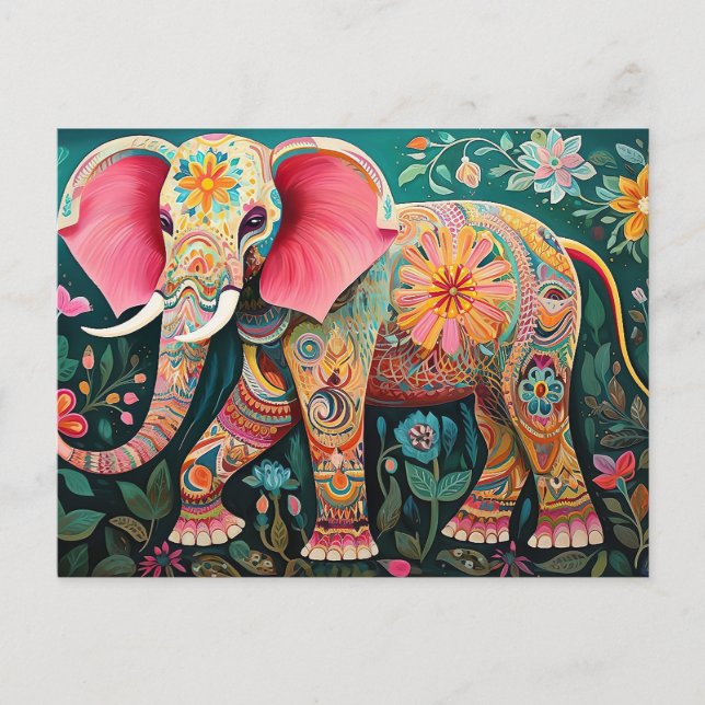 Illustration bunter Elefant mit Blumen Postkarte (Vorderseite)
