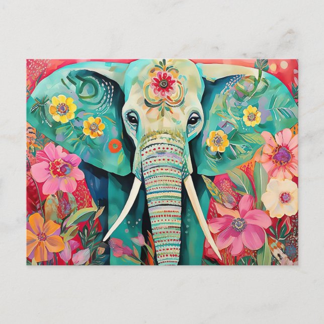 Illustration bunter Elefant mit Blumen Postkarte (Vorderseite)