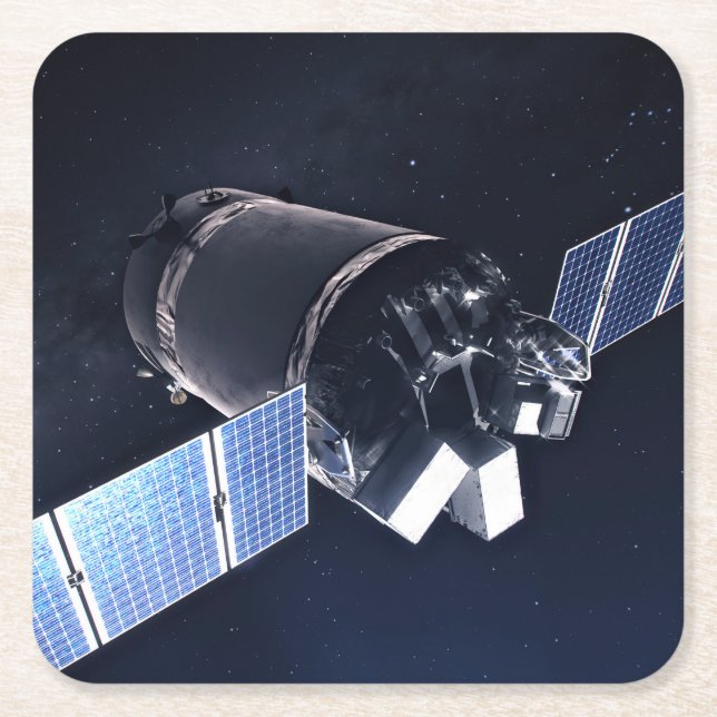 Illustration der Dragon XL-Raumsonde. Rechteckiger Pappuntersetzer (Vorderseite)