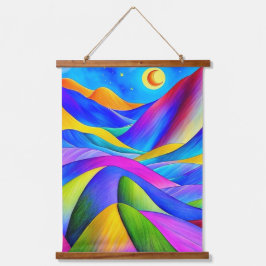 Illustration der farbenfrohen Hügel Wandteppich Mit Holzrahmen