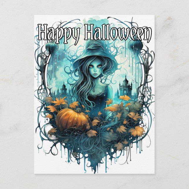 Illustration der Herbsthexe | Frohe Halloween Postkarte (Vorderseite)