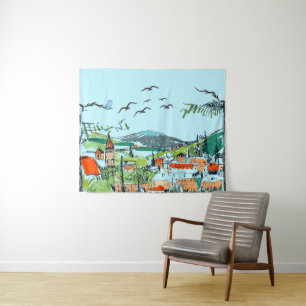 Illustration der Landschaft des Weißen Dorfes Wandteppich