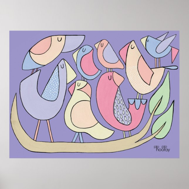 Illustration der lila Art Bird Branch Poster (Vorne)