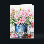 Illustration der Lily-Blume von Freshly Picked Karte<br><div class="desc">Diese super einzigartige Geburtstagskarte zeigt einige blühende Lilienblütenlilienblüten in einem Metallanhänger. Bitte passen Sie alle verfügbaren Optionen nach Ihren Wünschen an.</div>