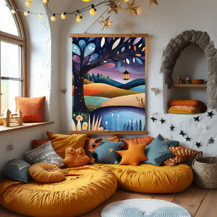 Illustration der Nachtlandschaft Wandteppich Mit Holzrahmen