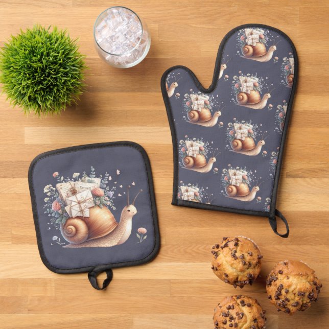Illustration der niedlichen Schneckenpastel Ofenhandschuh & Topflappen-Set (Oben Unten)