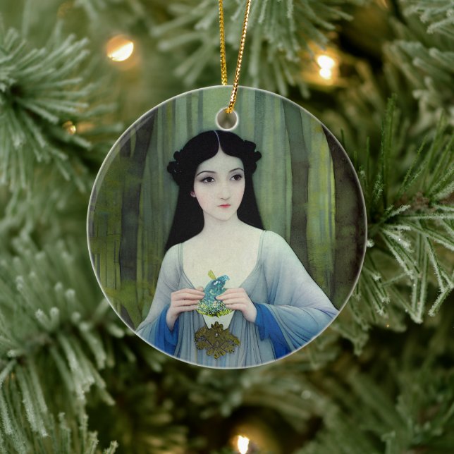 Illustration der schönen Frau im Wald Keramik Ornament (Baum)