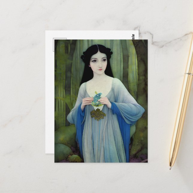 Illustration der schönen Frau im Wald Postkarte (Vorderseite/Rückseite Beispiel)