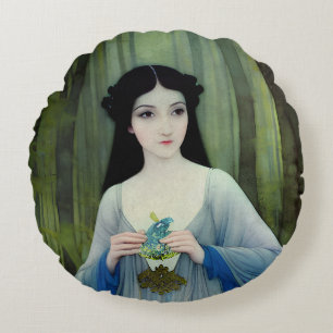 Illustration der schönen Frau im Wald Rundes Kissen