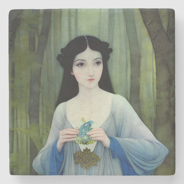 Illustration der schönen Frau im Wald Steinuntersetzer (Vorderseite)