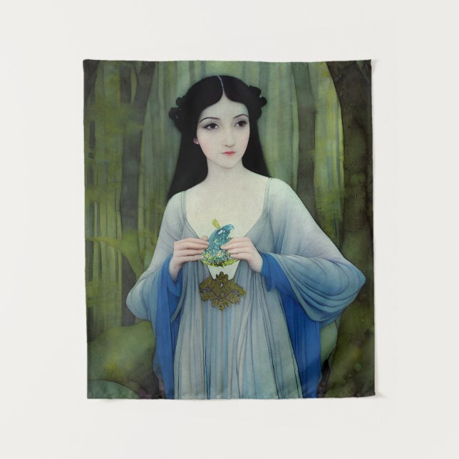 Illustration der schönen Frau im Wald Wandteppich (Vorderseite)