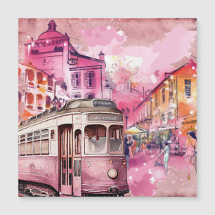 Illustration der Stadtlandschaft mit rosa Straßenb Magnetkarte