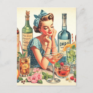 Illustration der Vintagen Drink Girl Postkarte