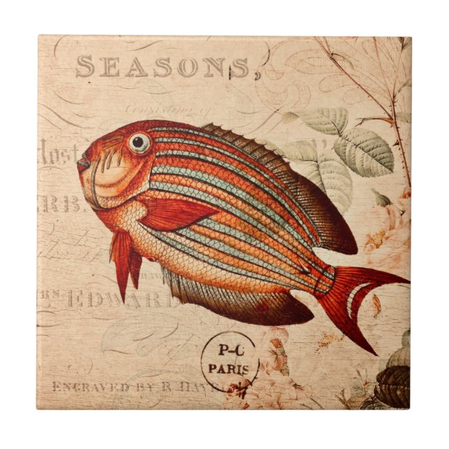 Illustration der Vintagen Rotfische Fliese (Vorderseite)