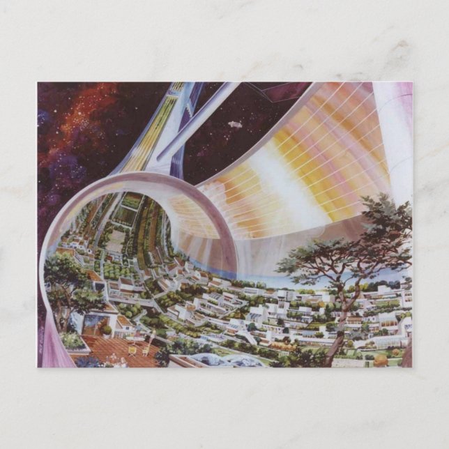 Illustration der Vintagen Weltraumkolonie Postkarte (Vorderseite)