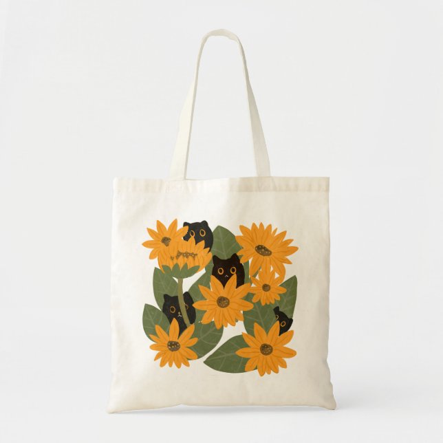 Illustration der Whimsical Black Cat and Sunflower Tragetasche (Vorne)