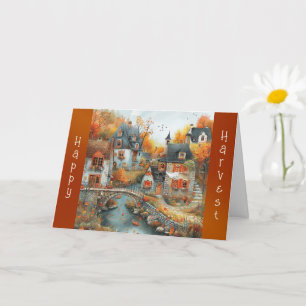 Illustration des Autumn Village Bridge Erntedank Karte