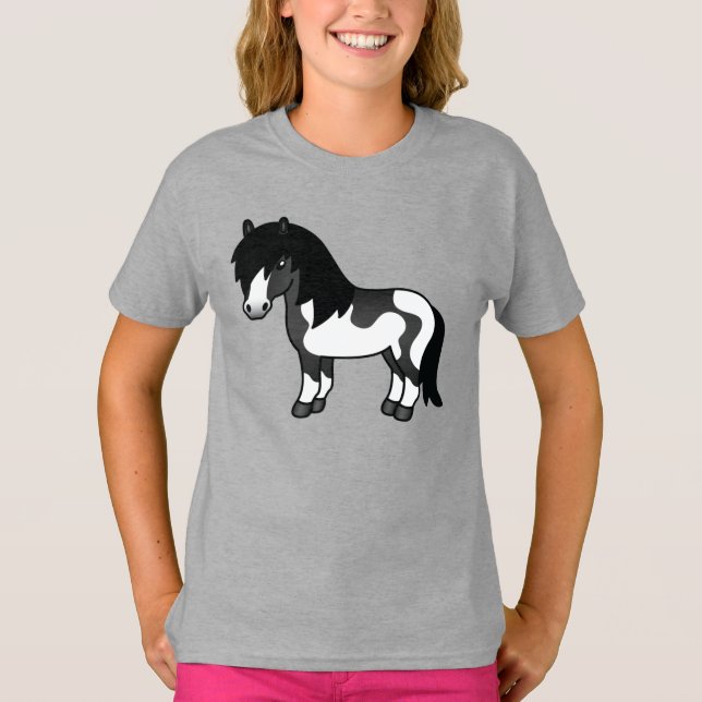 Illustration des Black Pinto Shetland Pony Cartoon T-Shirt (Vorderseite)