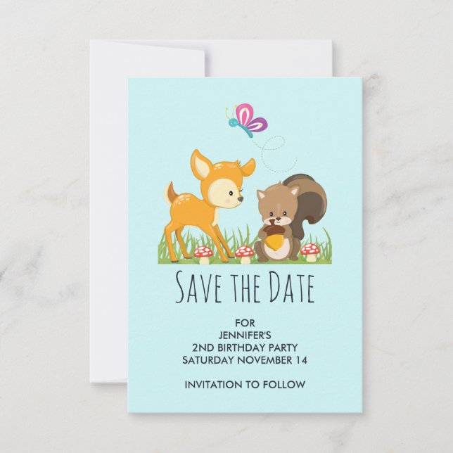 Illustration des Cartoon der niedlichen Waldbewohn Save The Date (Vorderseite)