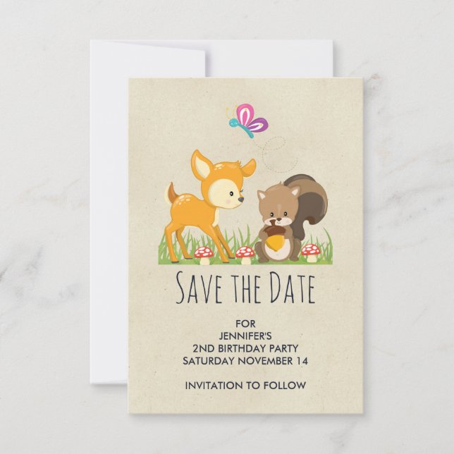 Illustration des Cartoon der niedlichen Waldbewohn Save The Date (Vorderseite)