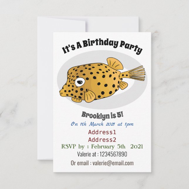 Illustration des Gelben Boxfischs-Cartoon Einladung (Vorderseite)