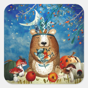Illustration des Herbst-Wald-Friends-Bärenwaldes Quadratischer Aufkleber