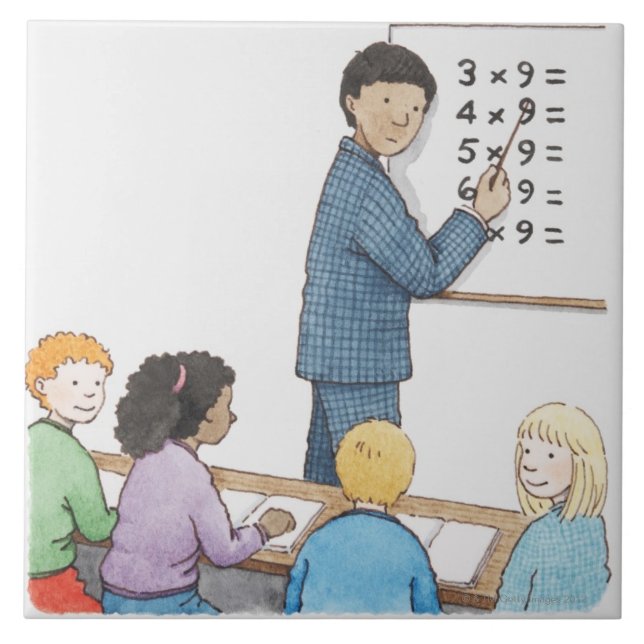 Illustration des Lehrers zeigend auf einfaches Fliese (Vorderseite)