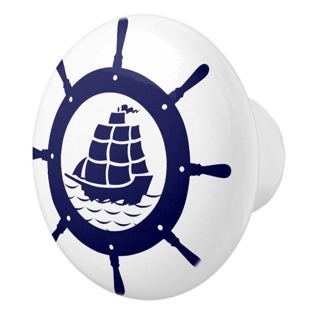 Illustration des Navy Blue Nautical Boat Wheel Keramikknauf (Rechts)