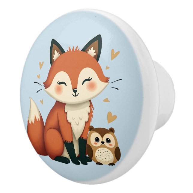 Illustration des niedlichen Fox- und Owl-Whimsikal Keramikknauf (Rechts)