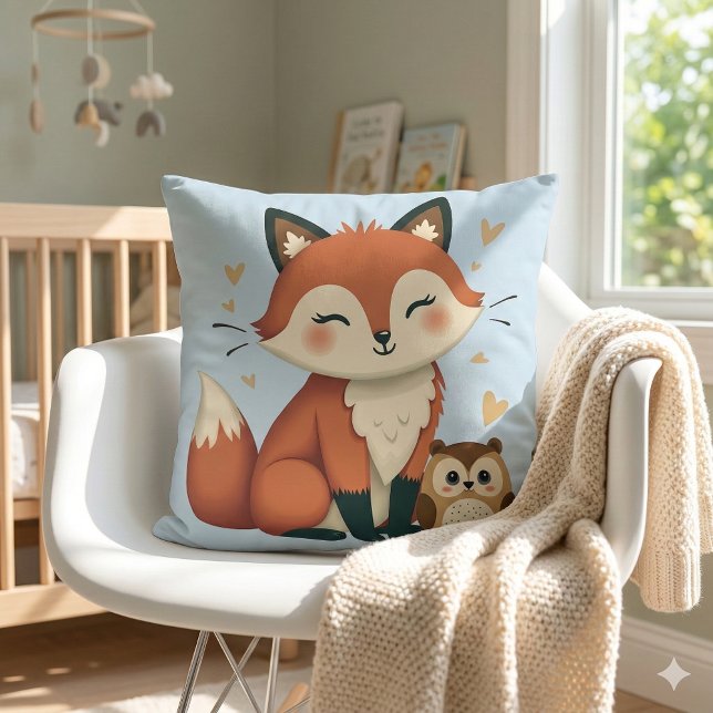 Illustration des niedlichen Fox- und Owl-Whimsikal Kissen (Cute Fox and Owl Whimsical Woodland Illustration Throw Pillow Mockup A)