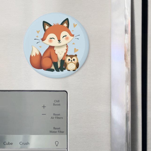Illustration des niedlichen Fox- und Owl-Whimsikal Magnet (In Situ (Kühlschrank))