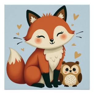 Illustration des niedlichen Fox- und Owl-Whimsikal Poster