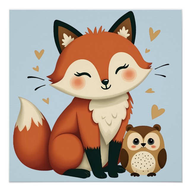 Illustration des niedlichen Fox- und Owl-Whimsikal Poster (Vorderseite)