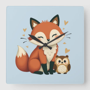 Illustration des niedlichen Fox- und Owl-Whimsikal Quadratische Wanduhr