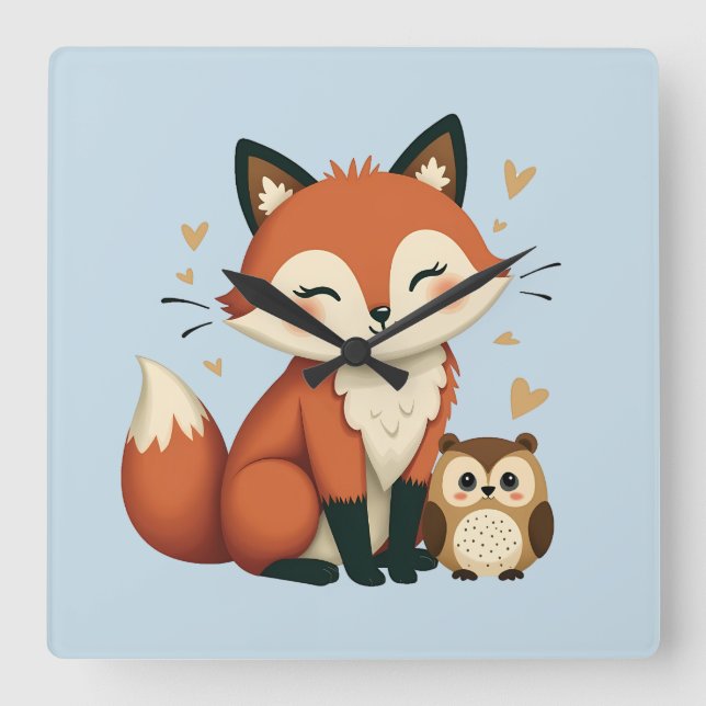 Illustration des niedlichen Fox- und Owl-Whimsikal Quadratische Wanduhr (Vorderseite)