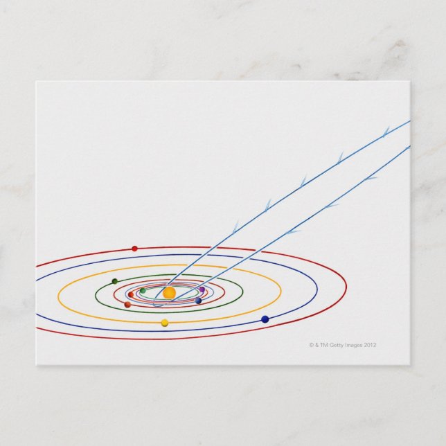 Illustration des Sonnensystems mit Pfad der Postkarte (Vorderseite)