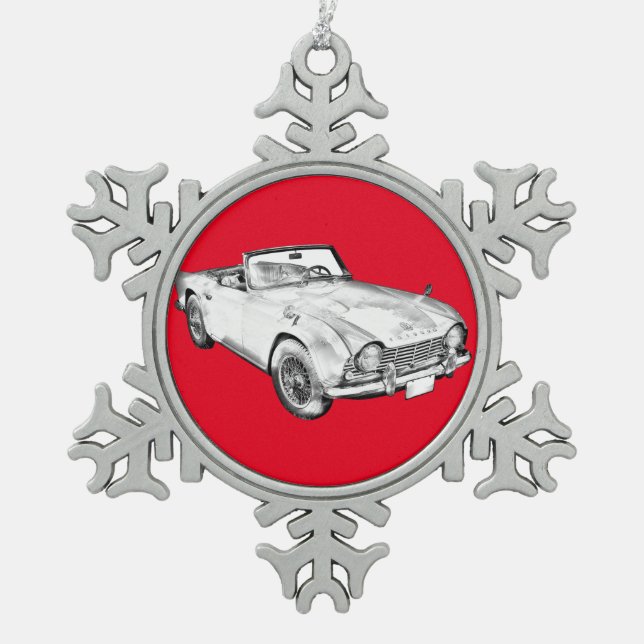 Illustration des Triumph Tr4 Sportwagens Schneeflocken Zinn-Ornament (Vorderseite)