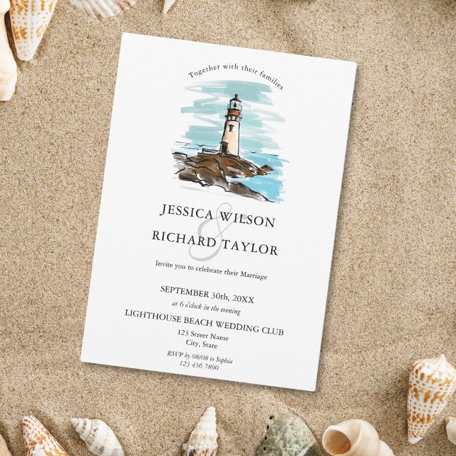 Illustration des von Hand gezeichneten Leuchtturms Einladung (whimsical hand drawn lighthouse wedding invitation)
