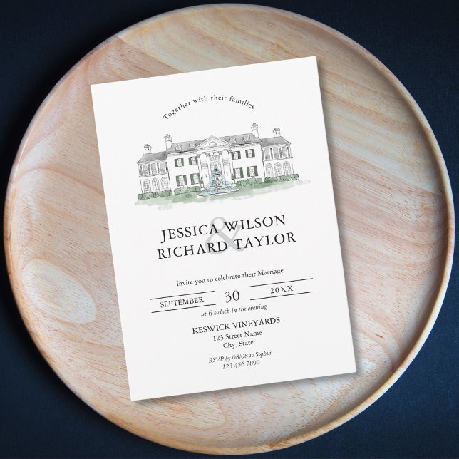 Illustration des von Hand gezeichneten Veranstaltu Einladung (KESWICK VINEYARDS Wedding venue illustration for your wedding invitation
)