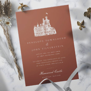 Illustration einer Burg im Vintage-Stil, Hochzeit Einladung