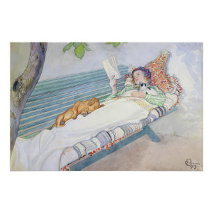 Illustration einer Dame beim Lesen im Garten Poster