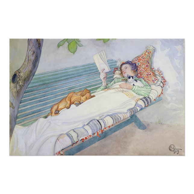 Illustration einer Dame beim Lesen im Garten  Poster (Vorderseite)