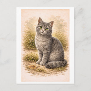 Illustration einer grauen Katze im Vintage-Stil Postkarte
