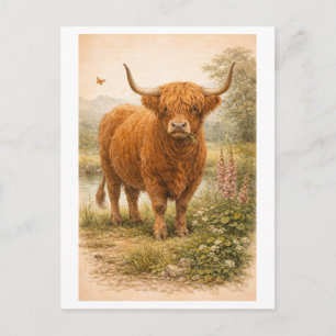Illustration einer Highland-Kuh im Vintage-Stil Postkarte