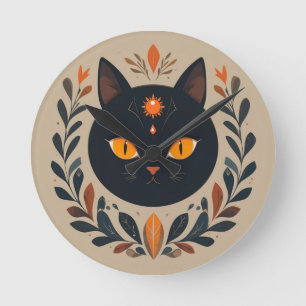 Illustration einer schwarzen Katze mit lebendigen  Runde Wanduhr