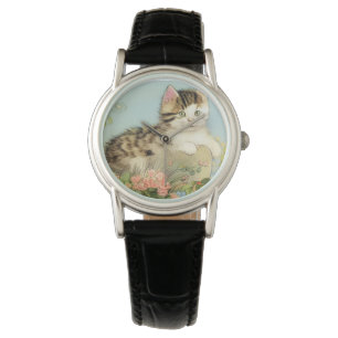 Illustration einer Vintage-Katze mit rosa Blumen Armbanduhr