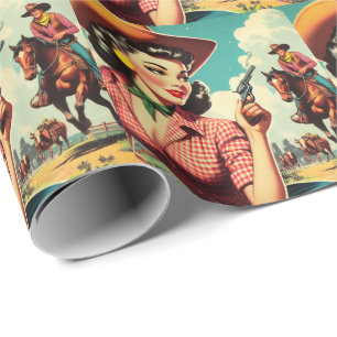 Illustration einer Vintage-Pulp-Cowgirl Geschenkpapier
