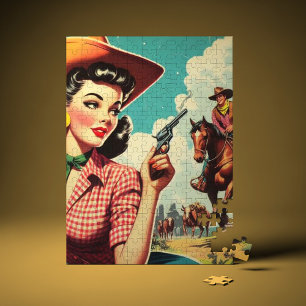 Illustration einer Vintage-Pulp-Cowgirl Puzzle